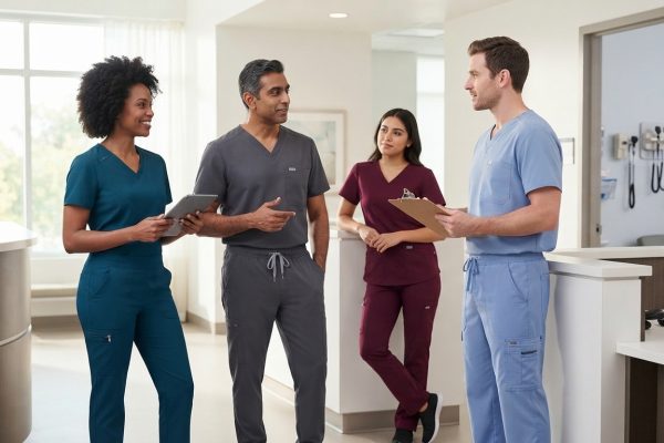 Nurses doctors and healthcare professionals wearing modern medical scrubs