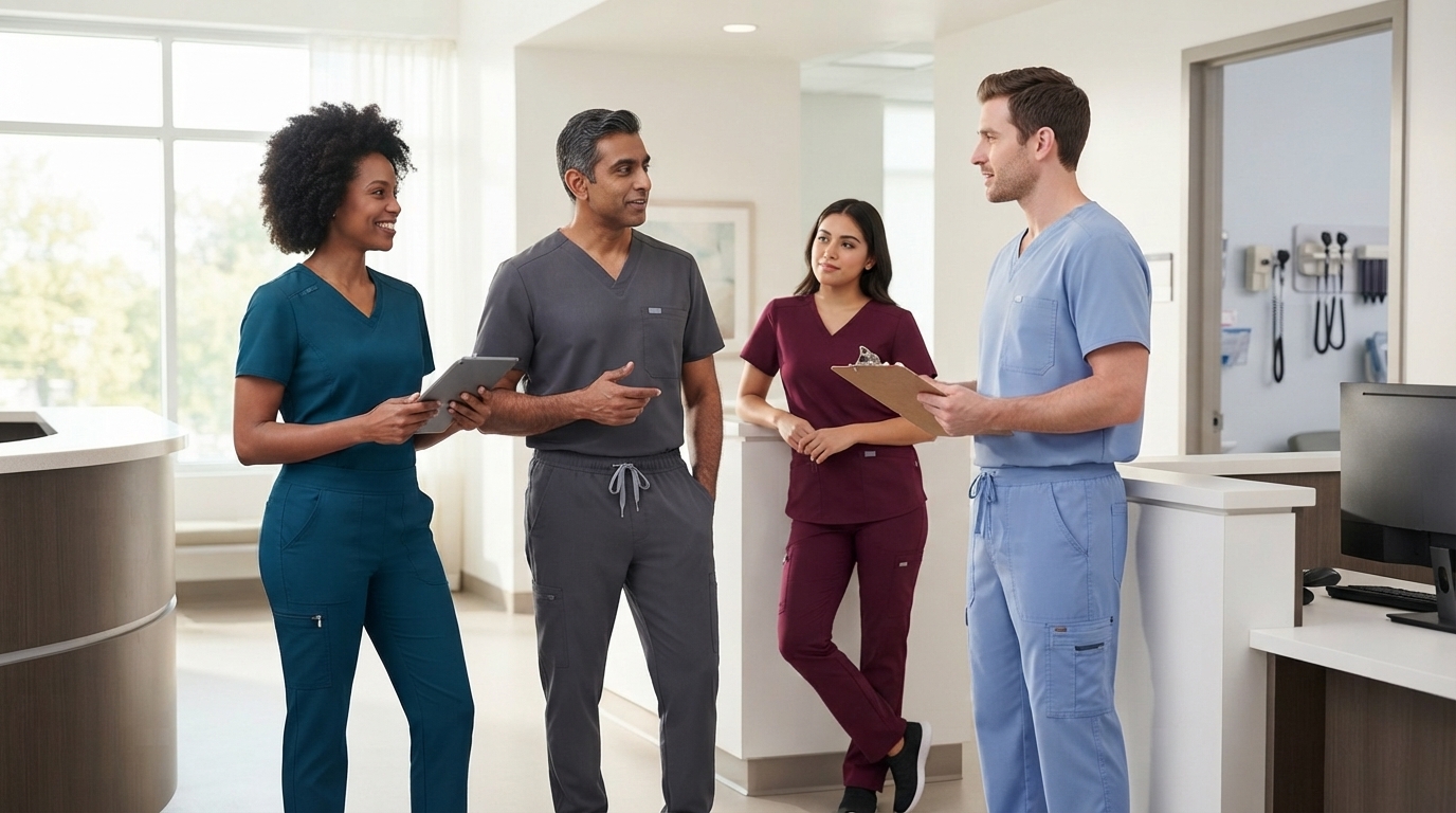 Nurses doctors and healthcare professionals wearing modern medical scrubs
