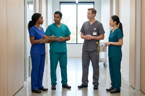 Nurses and doctors wearing professional medical scrubs in a clinical hallway