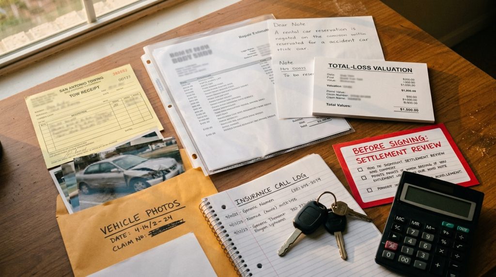 San Antonio car accident repair rental and insurance file with tow receipt repair estimate total loss note and settlement review card