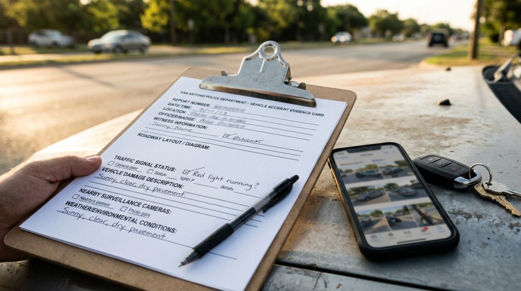 San Antonio car accident scene evidence card with photos witnesses road layout signals vehicle damage and camera notes