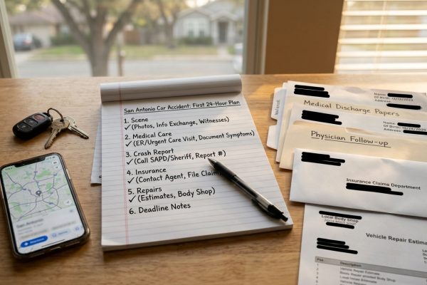 San Antonio car accident first 24 hour plan with crash report medical records insurance log repair estimate and evidence notes