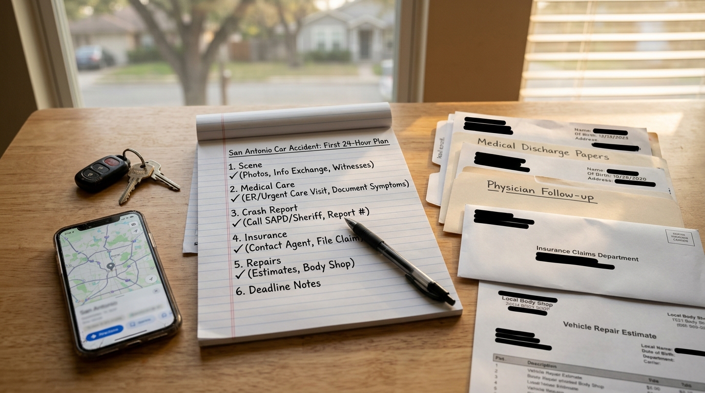 San Antonio car accident first 24 hour plan with crash report medical records insurance log repair estimate and evidence notes