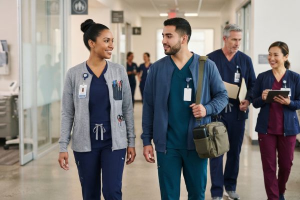 Healthcare professional with practical scrub accessories for an organized clinical shift