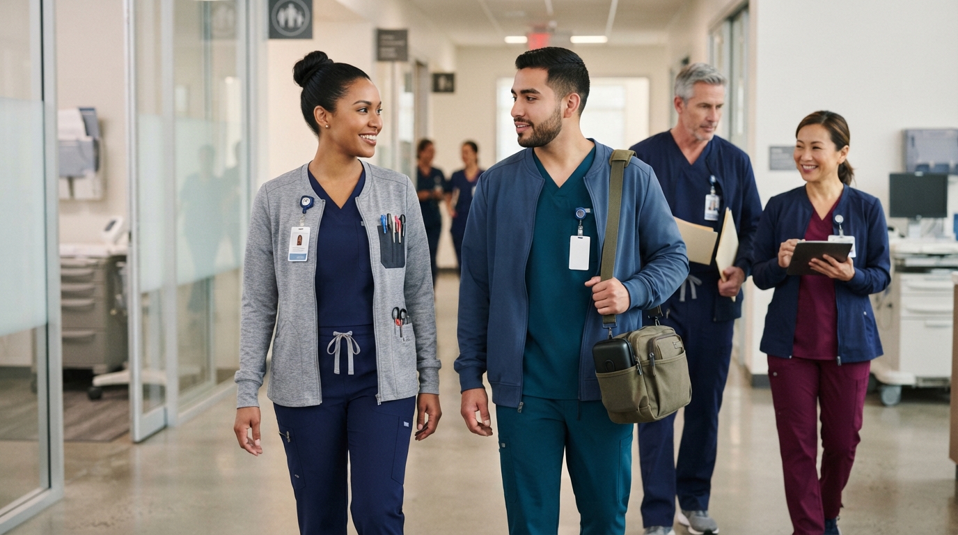 Healthcare professional with practical scrub accessories for an organized clinical shift