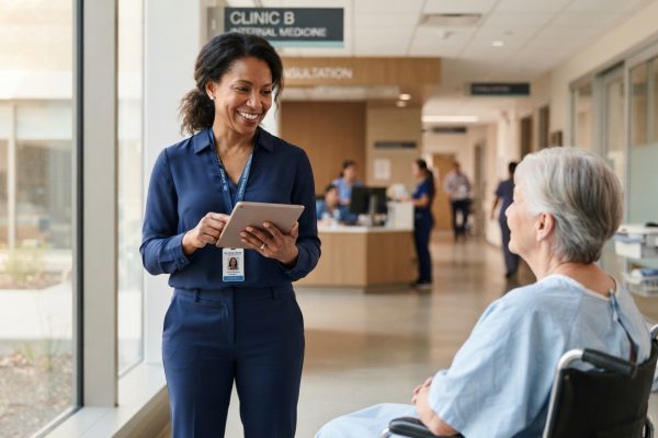 Woman healthcare professional wearing a modern medical scrub top