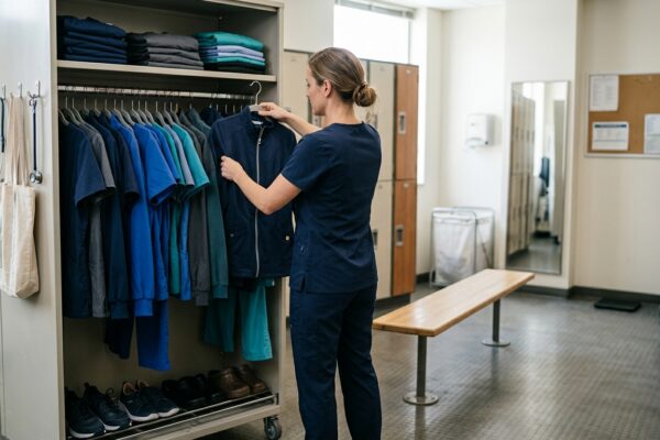 Healthcare worker organizing a complete scrub wardrobe with tops, pants, and jackets