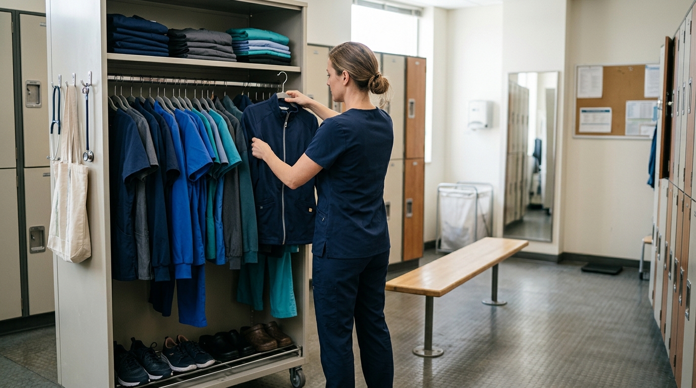 Healthcare worker organizing a complete scrub wardrobe with tops, pants, and jackets