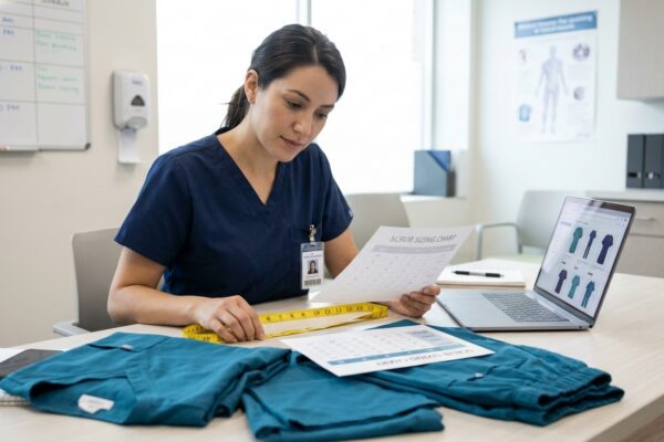 Healthcare worker using a scrub size chart before buying medical scrubs