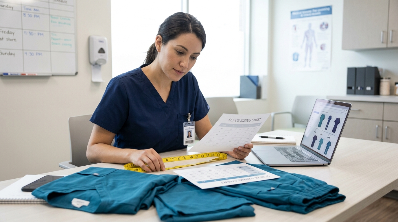 Healthcare worker using a scrub size chart before buying medical scrubs