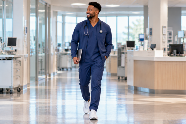 Healthcare professional wearing a modern scrub jacket over a clinical uniform